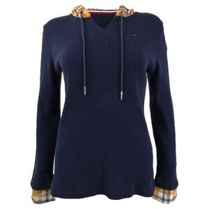Tommy Hilfiger Women's Contrast Plaid Hooded Top - Sky Captain